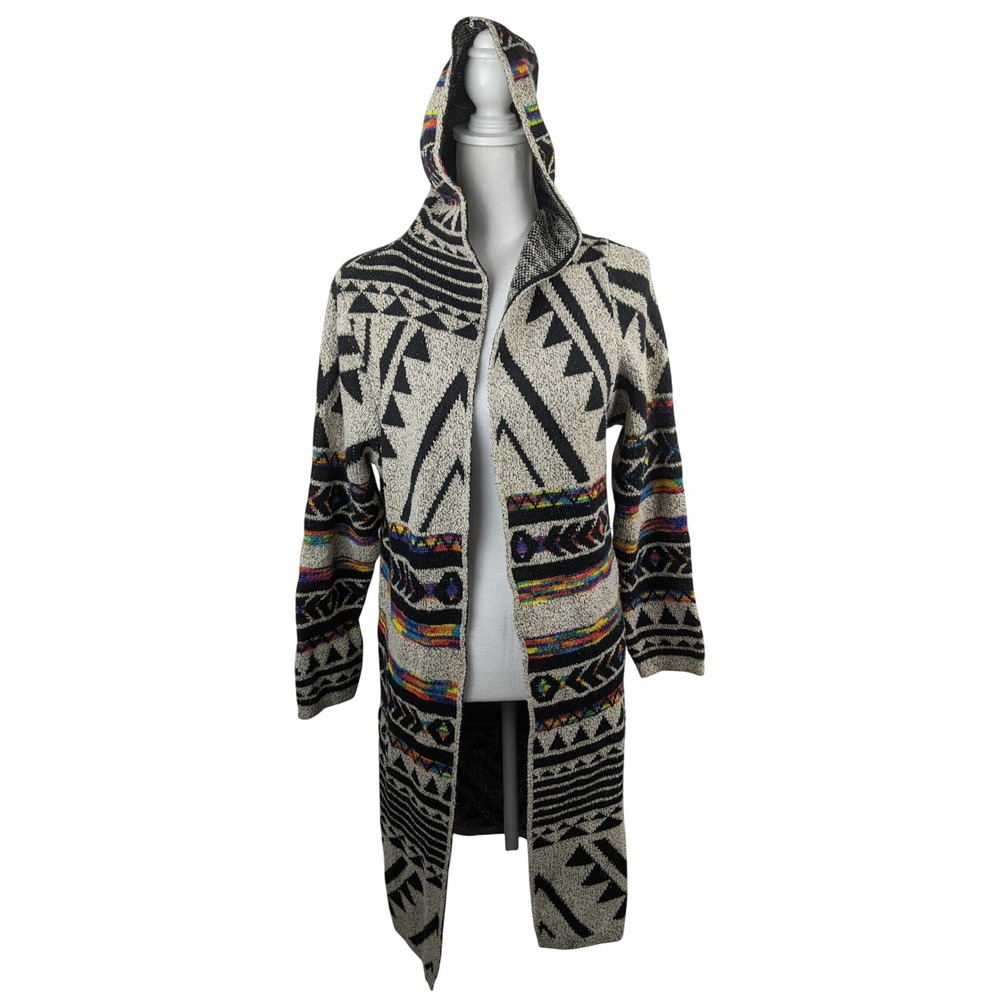 Northern Angel Womens Geometric Tribal Hooded Duster Cardigan Black Multi Size M